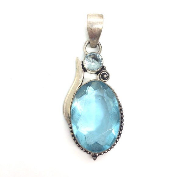 VINTAGE STERLING SILVER 925 LARGE BLUE FACETED GLASS PENDANT ABSTRACT BOHO - Picture 1 of 14